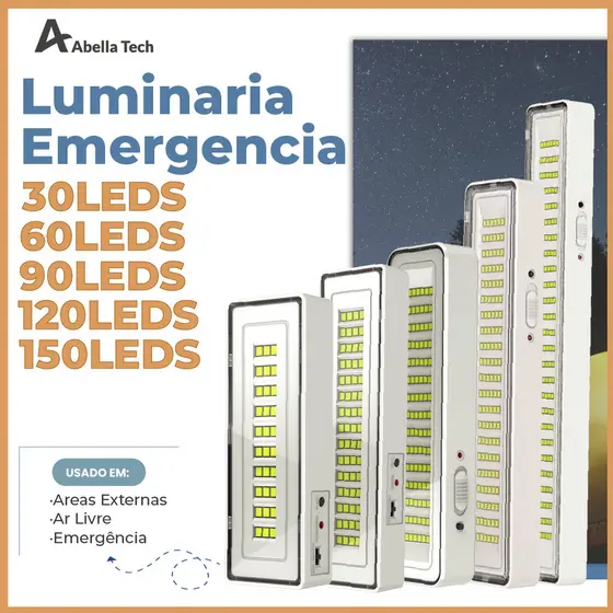 Luminária Emergência Lâmpada 150, 120, 90, 60 ou 30 Leds Recarregável Bivolt Luz Branca Fria