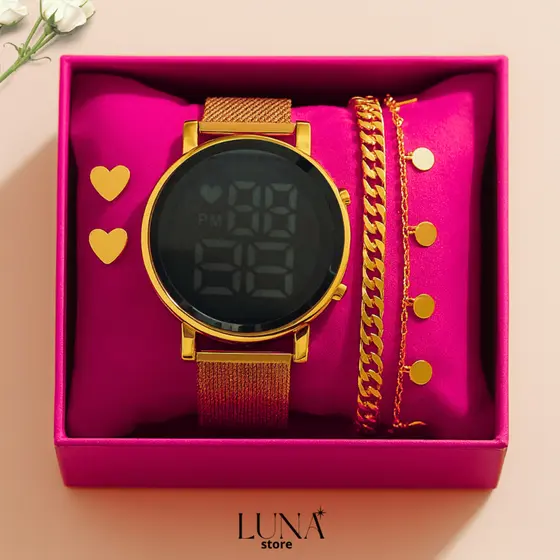 Relógio Feminino Redondo Digital LED Com Pulseira Brinco