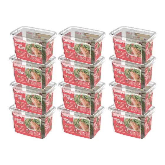 Kit 12 Pote De Plástico Container Com 4 Travas Resistente Design Moderno Prático 2200ml