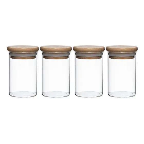 Kit 4 Pote Porta Temperos Mantimentos 110ml Design Versátil Tampa De Bambu Hermético