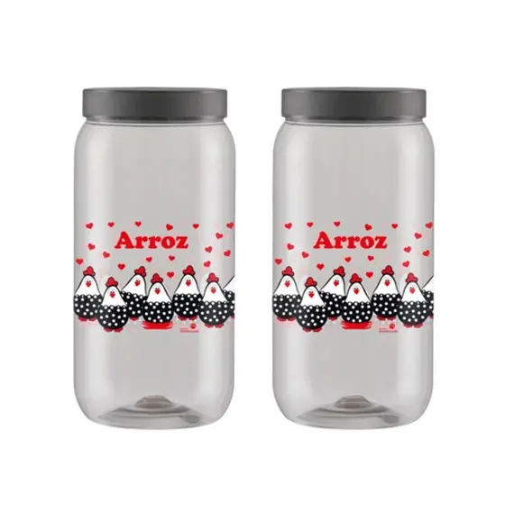 Kit 2 Potes Porta Mantimentos Plastico Pet 2700ml Decorado Galinha Para Arroz Com Tampa De Rosca