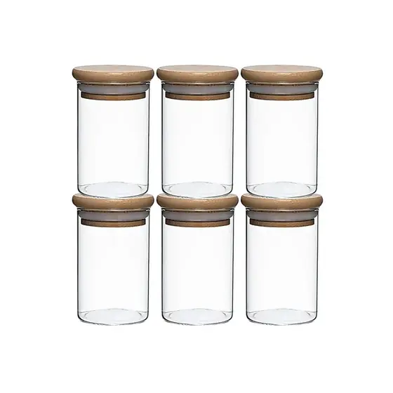 Kit 6 Pote Porta Temperos Mantimentos Design Elegante Tampa De Bambu Hermético