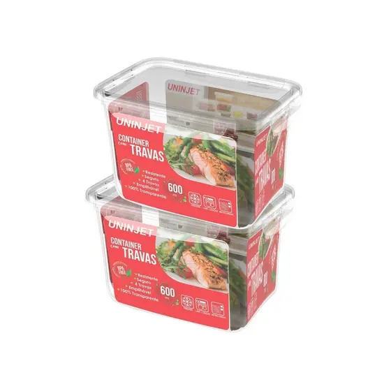 Kit 2 Pote De Plástico Container Com 4 Travas Resistente Design Moderno Prático 600ml