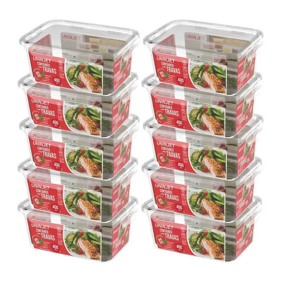 Kit 10 Pote De Plástico Container Com 4 Travas Resistente Design Moderno Prático 400ml