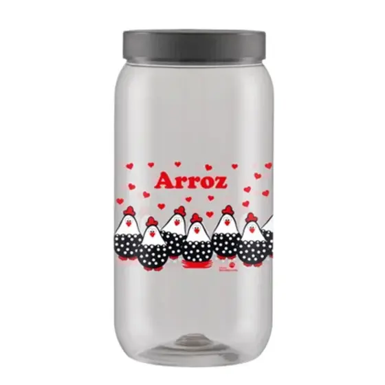 Pote Porta Mantimentos Plastico Pet 2700ml Decorado Galinha Para Arroz Com Tampa De Rosca