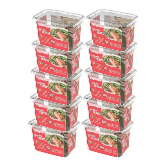 Kit 10 Pote De Plástico Container Com 4 Travas Resistente Design Moderno Prático 600ml