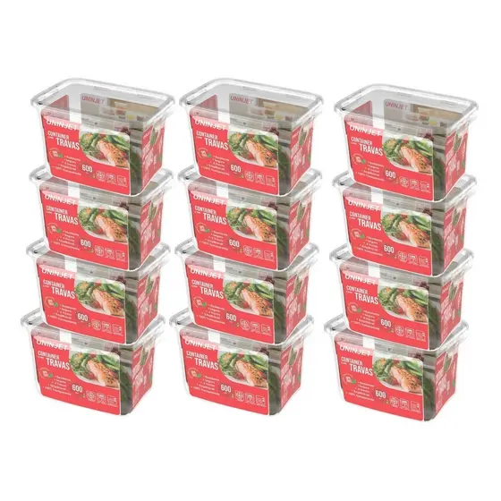 Kit 12 Pote De Plástico Container Com 4 Travas Resistente Design Moderno Prático 600ml