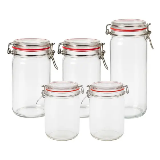 Conjunto 5 Potes Cilíndrico C/ Trava Presilha Hermético 1x1500ml / 2x1000ml / 2x750ml