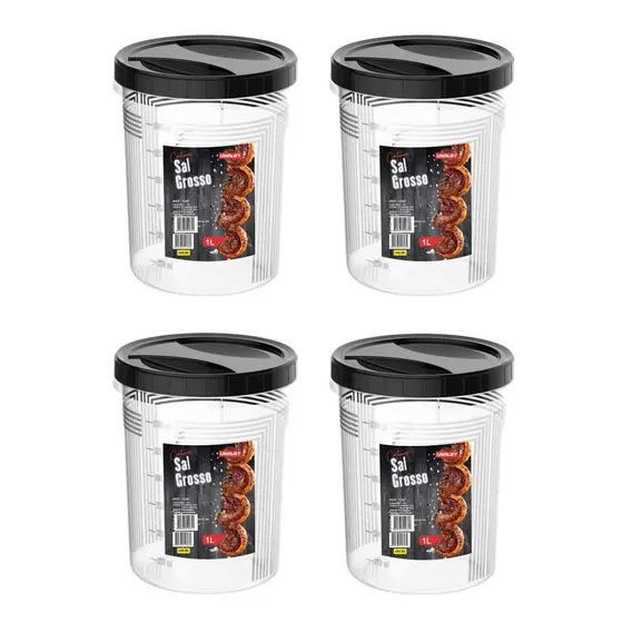 Kit 4 Pote Com Tampa Rosca 1L com Etiqueta Sal Grosso Plástico Resistente