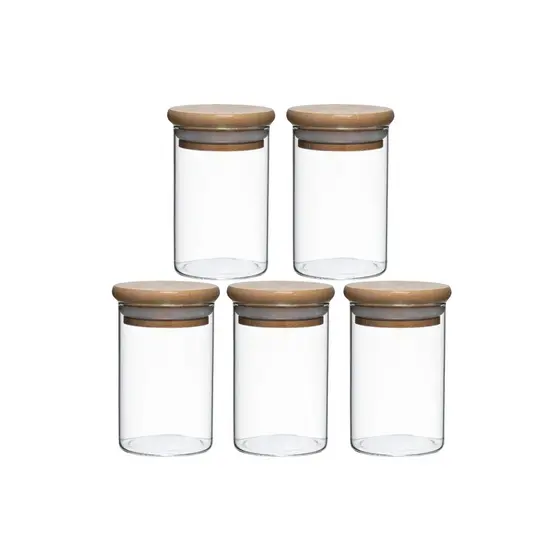 Kit 5 Pote Porta Temperos Mantimentos 110ml Design Versátil Tampa De Bambu Hermético