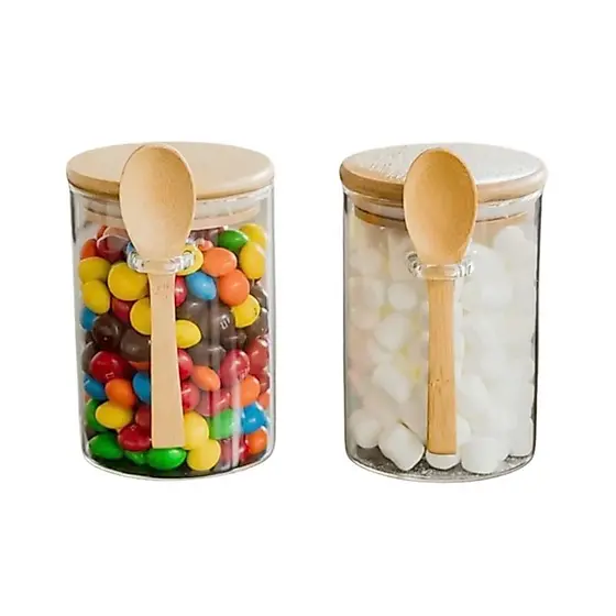 Kit 2 Pote Hermético De Vidro Redondo Porta Condimento 250ml C/ Tampa Colher De Bambu