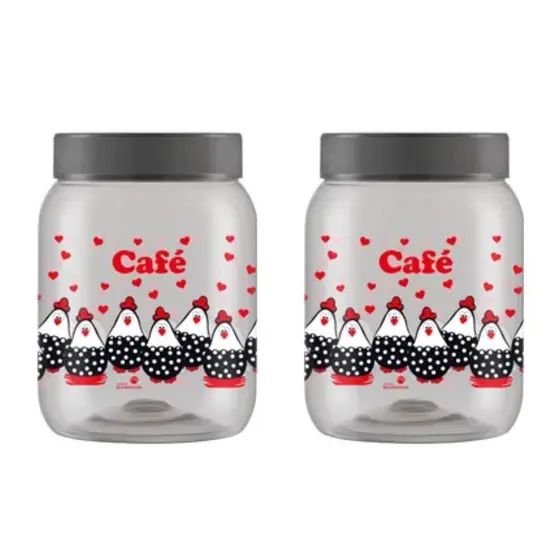 Kit 2 Pote PET Galinha Café 1700ml Tampa Rosca Plástico Transparente