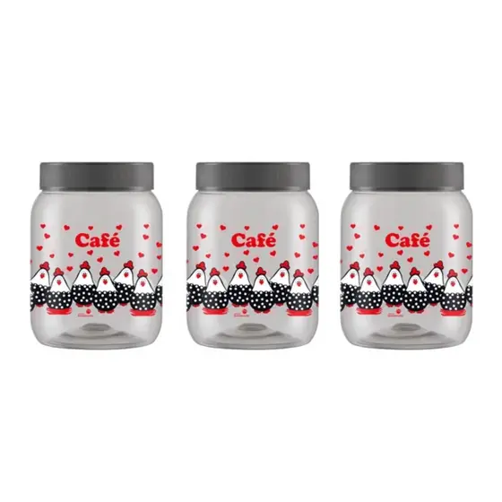 Kit 3 Pote Galinha Café 1700ml Tampa Rosca Plástico Transparente