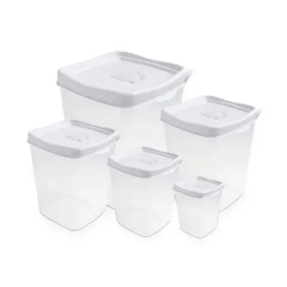 Conjunto 5 Potes Quadrados Branco Grande Médio Pequeno C/ Tampa Plástica Porta Mantimentos