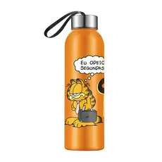 Garrafa Squeeze Garfield Odeio Segundas Laranja 800ml Plástico com Tampa Inox e Alça de Tecido