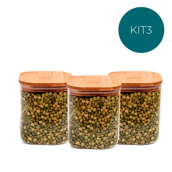 Kit 3 Potes De Vidro Mantimentos Quadrado Flat 700ml Tampa Bambu