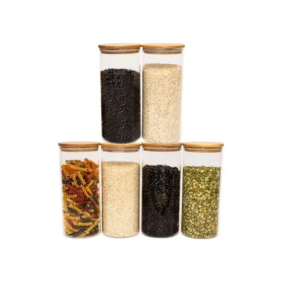 Kit 6 Pote Porta Condimentos Mantimentos Design Sofisticado Tampa De Bambu Hermético 1250ml