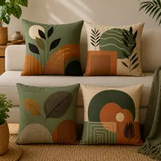 Kit 4 Capas de Almofadas Decorativas 45x45 - Floral Verde e Bege
