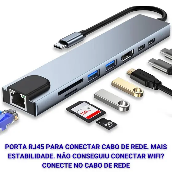 Adaptador Hub 8 Em 1 Usb 3.0 Tipo C Macbook Note RJ45 Lan 4k  SD Leitor  Cartão TF Cinza-escuro