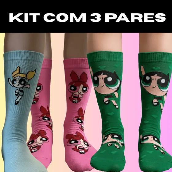 Kit 3 Pares de Meia Divertida e Engraçada Cano Longo Personagem Meninas Super Poderosas Algodão