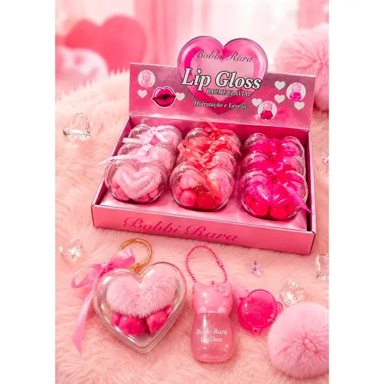 Box Fechado c/ 9 uni Glitter Lip Gloss Heart Case + Chaveiro+ Lip gloss super fofa