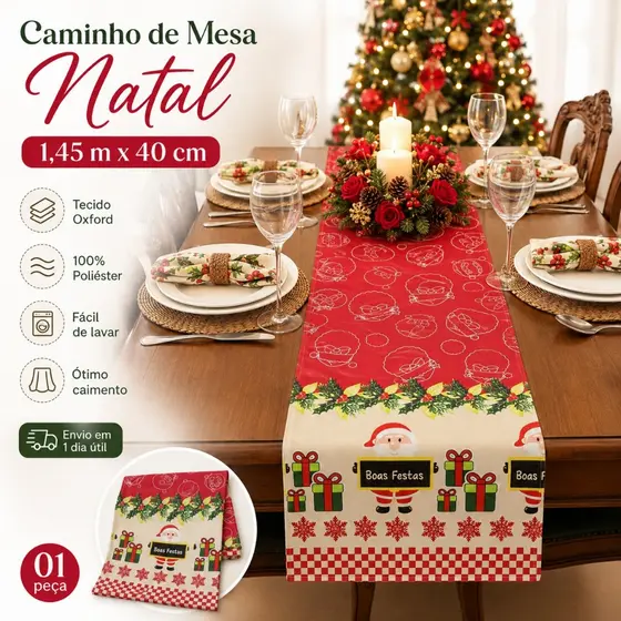 Caminho de Mesa Natal Trilho de Decoração Mesa Posta 1,45m x 40cm Corredor Mesa Passadeira