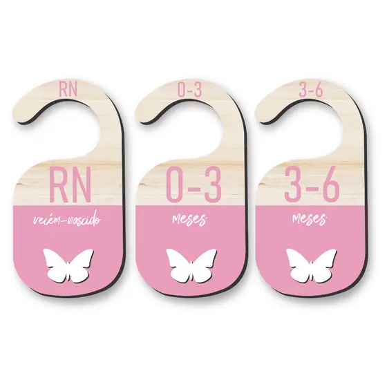 Kit Separador de Cabides Bebê Rosa Borboleta • MDF 6 Peças • Organização RN a 18 Meses