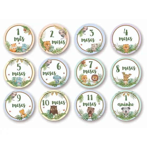 Kit Mesversário Safari em MDF – 12 Placas para Registrar Cada Mês do Seu Bebê