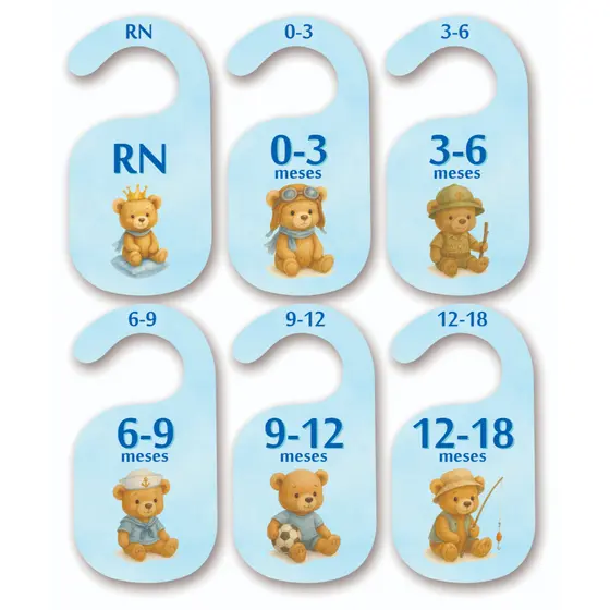 Separador de Cabides Bebê Menino – Kit 6 Peças MDF | Urso Azul | RN a 12 Meses