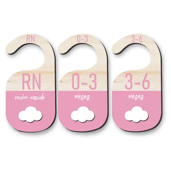 Kit Separador de Cabides Bebê Rosa MDF 6 Peças • Organização Roupinhas RN a 18 Meses
