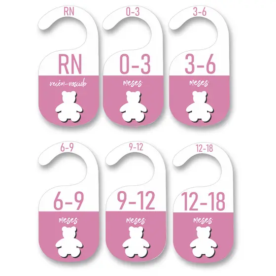 Separador de Cabide Bebê Ursa Vazada Rosa MDF | Organização RN a 18 Meses | Closet Infantil