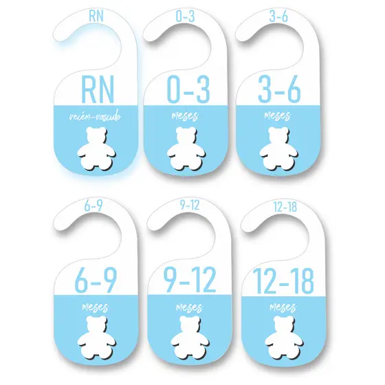 Separador de Cabide Bebê Urso Vazado Azul MDF | Organização RN a 18 Meses | Closet Infantil