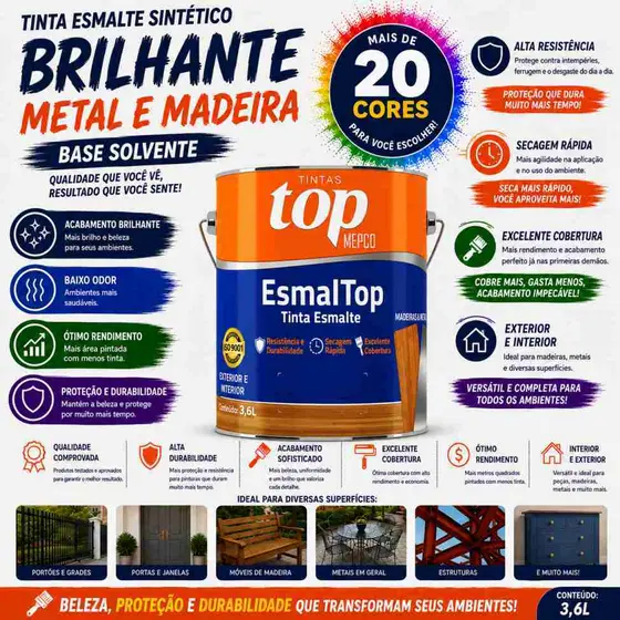 Tinta Esmalte Sintético Brilhante 3,6L - Metal e Madeira  ( Base Solvente )