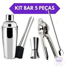 Kit Bar 5 Peças Coqueteleira De Inox Socador Dosador Duplo 30 e 60 Ml Espremedor De Limão Colher De Suco Caipirinha