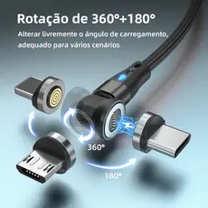 Cabo Carregador Magnético 3 Em 1 Carregamento super rápido de 3A com transferência de dados, função de rotação de 540°