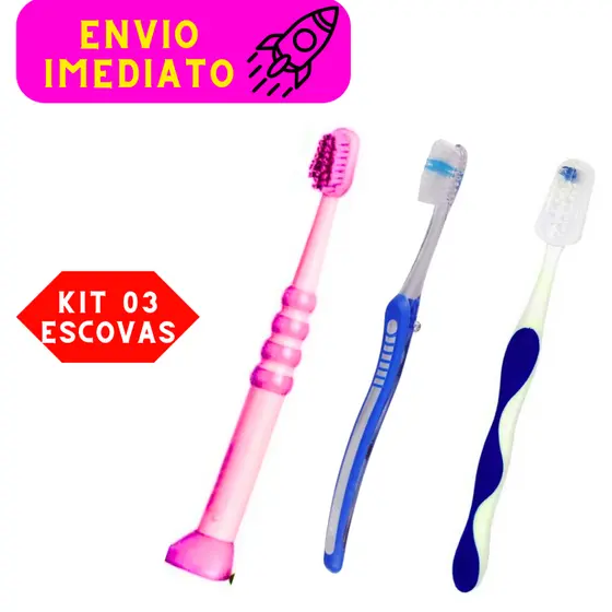 Kit 03 Escovas Dente CORES SORTIDAS 01 Média 01 Macia e 01 Infantil Com Capa Protetora