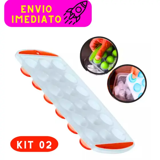 Kit 02 Formas de Gelo de Bolinhas Plástico e Silicone Prática 18 Cubos Fundo Flexível 24,5 Cm