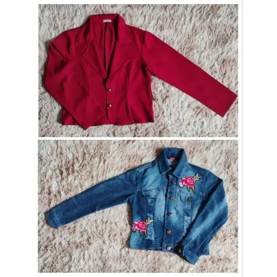 Blazer vermelho | Jaqueta jeans com bordados de flores | Não são novos