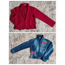 Blazer vermelho | Jaqueta jeans com bordados de flores | Não são novos