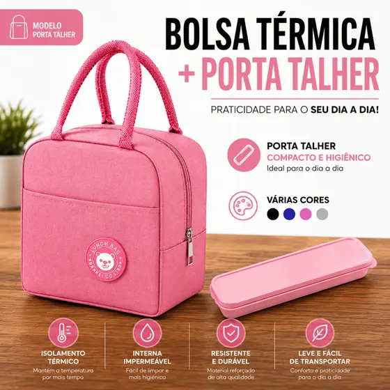Kit Bolsa Térmica Para Marmita Lancheira Viagem + Porta Talher