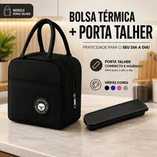 Kit Bolsa Térmica Para Marmita Lancheira Com Alça + Estojo Porta Talher Masculina Feminina