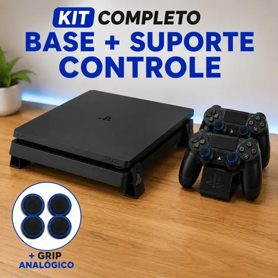 Kit Base Pezinho Horizontal Plasystation 4 + Suporte Duplo Controle PS4 + Grip