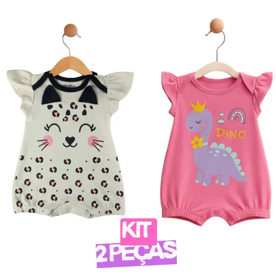 Kit 2 Macacões Curtos Bebê Menina – Oncinha Fofa + Dino Fofo Algodão Suedine 100% P ao GG