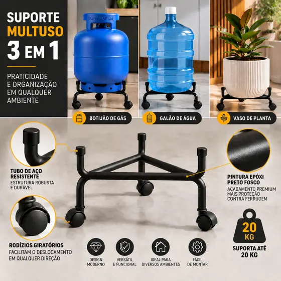Suporte Multiuso 3 em 1 com Rodinhas Resistente Porta Botijão de Gás Galão Água Vaso Planta Multiuso Aço Cromado Águia