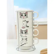 Jogo de Xícaras Café Chá 150ML Porcelana Frases com Suporte de Metal
