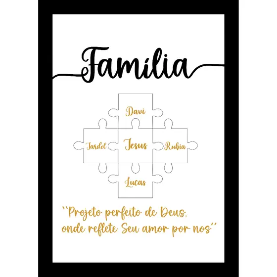 Quadro Família Personalizado MDF 21x29cm Nomes em Quebra-Cabeça com Jesus no Centro Presente Decorativo