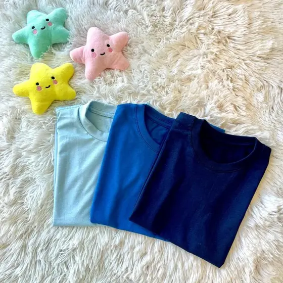 Kit 3 Camiseta Infantil Azul 100% Algodão Lisa Básica Confortável e Leve para o Dia a Dia