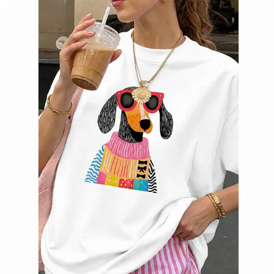 Camiseta Casual de Verão com Camiseta Larga com Estampa Salsicha Lançamento Varias Cores