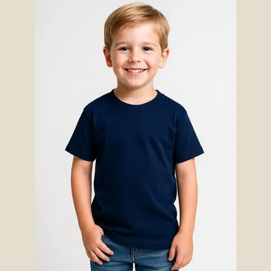 Camiseta Infantil Azul Marinho 100% Algodão Lisa Básica Masculina Leve, Confortável para o Dia a Dia