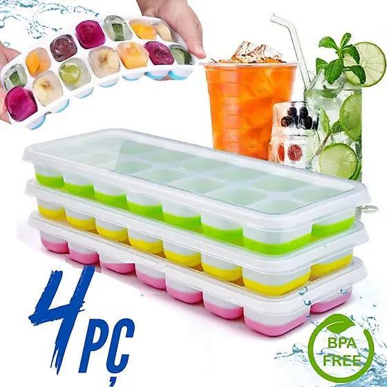 Kit 1-4 Formas de Gelo Silicone com Tampa Rígida Flexível Fundo 14 Cubos Retangular Multiuso Lavável sortidas